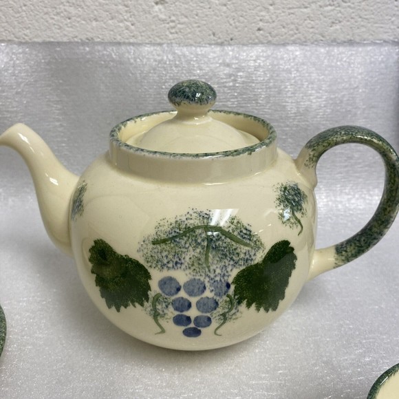 7pc Vintage England Handpaint Poole Pottery Green Vineyard Grape Teapot cup set - Picture 2 of 16